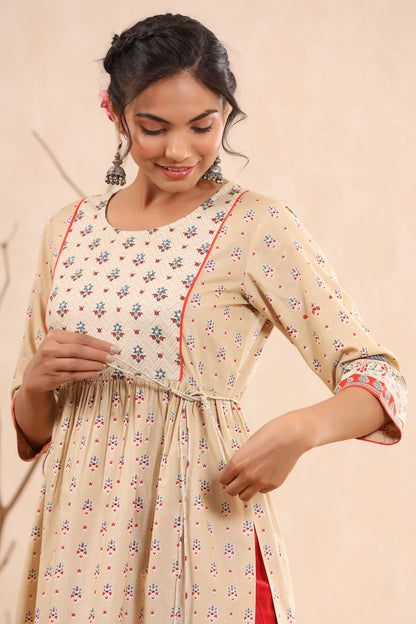 Women`s Beige Cambric Printed Flared Kurta