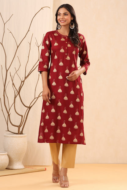 Women`s Maroon Rayon Printed Straight Kurta