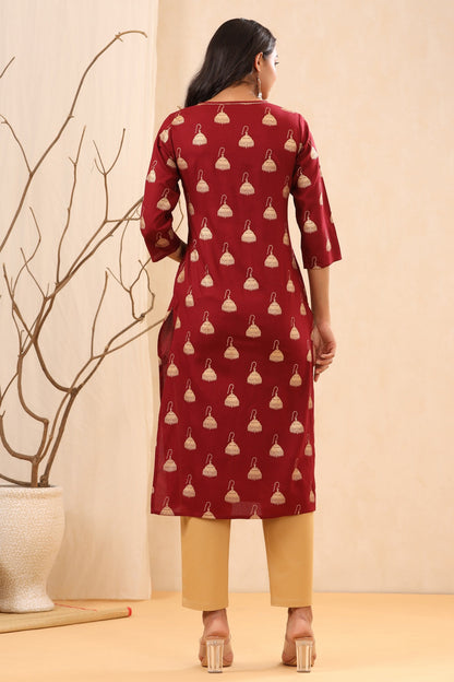 Women`s Maroon Rayon Printed Straight Kurta