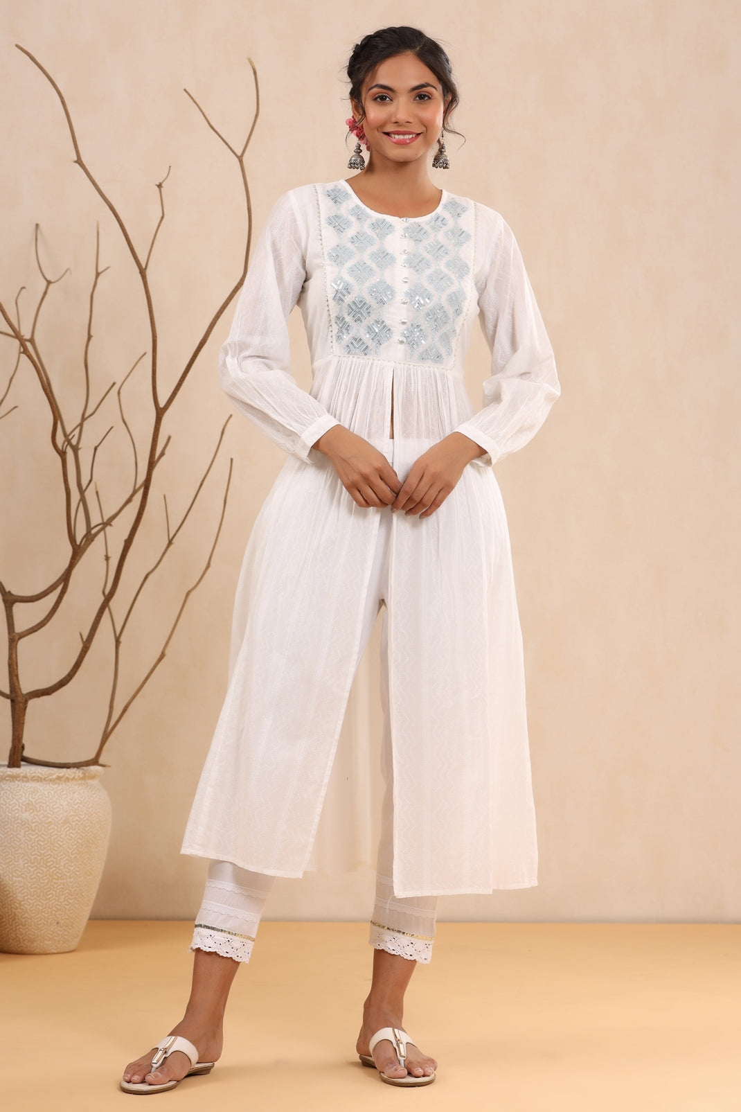Women`s White Cotton Dobby Embroidered Tiered Kurta