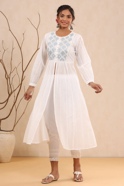 Women`s White Cotton Dobby Embroidered Tiered Kurta