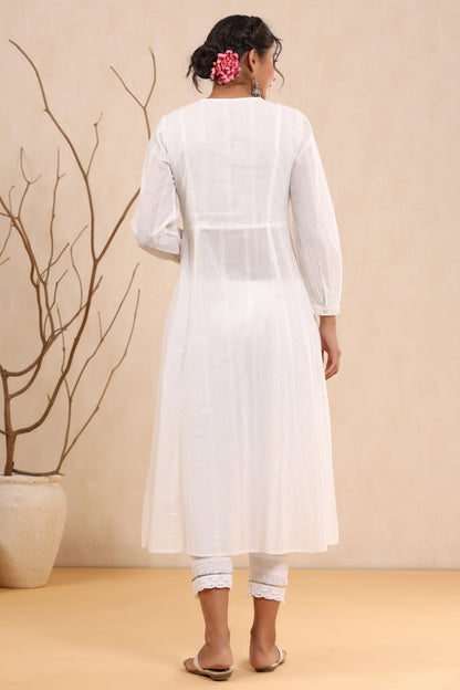 Women`s White Cotton Dobby Embroidered Tiered Kurta