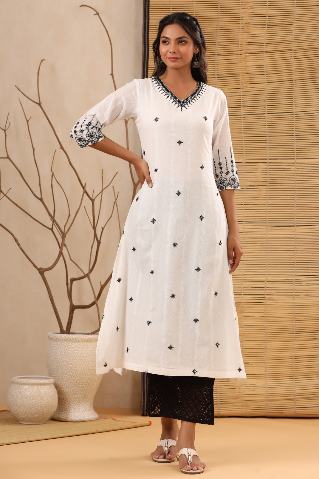 Women`s White Cotton Dobby Embroidered Straight Kurta