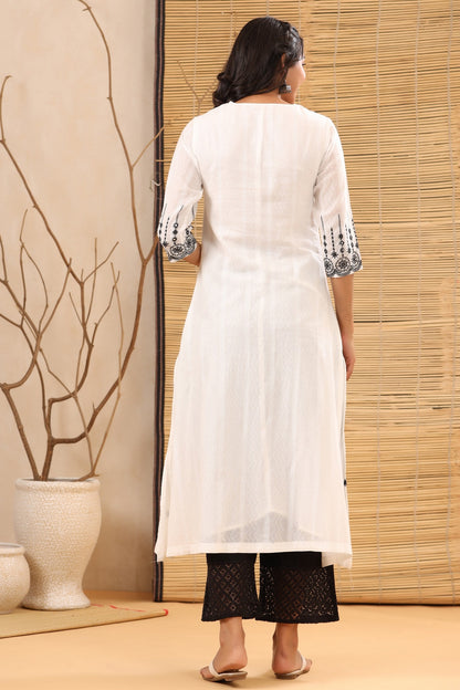 Women`s White Cotton Dobby Embroidered Straight Kurta
