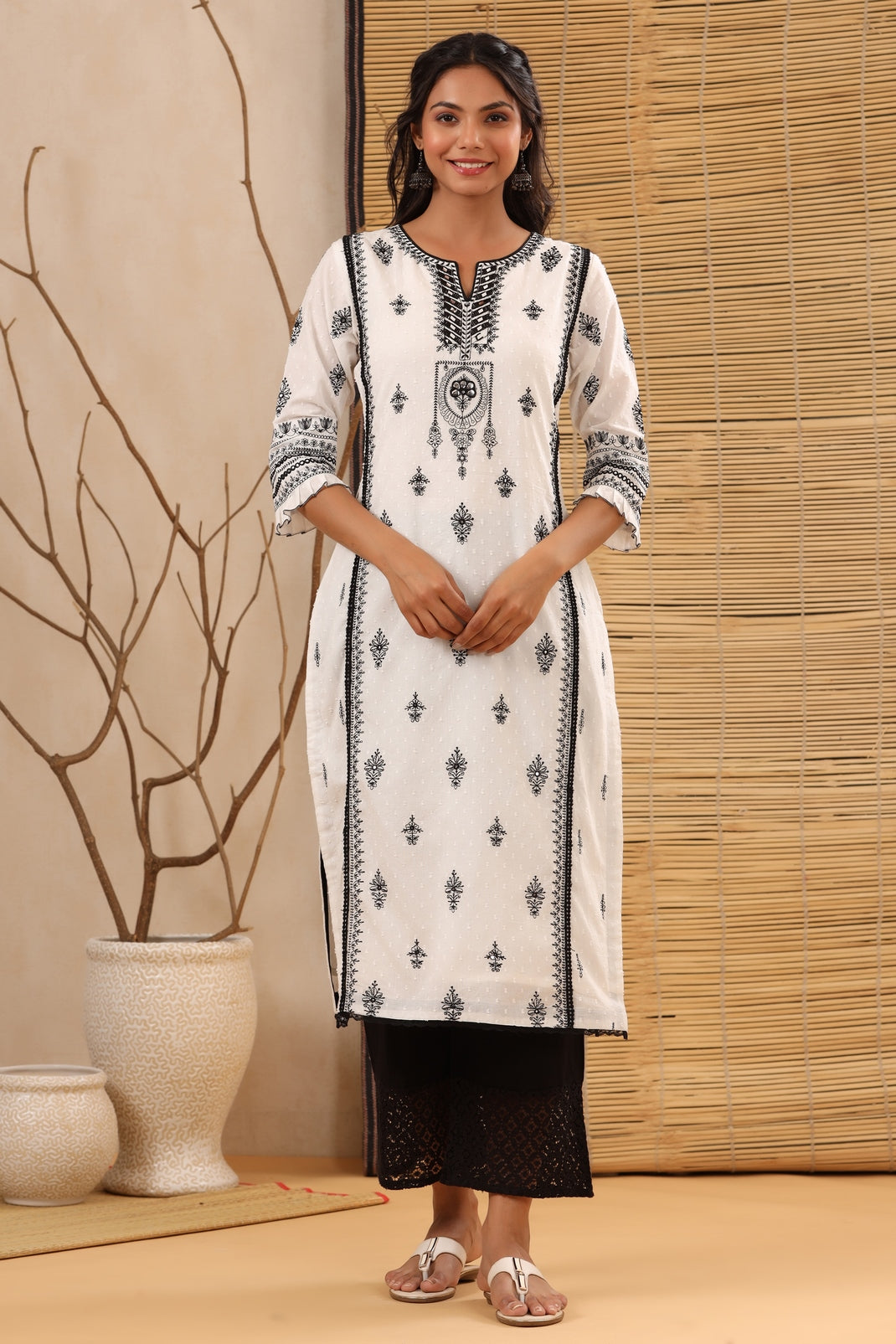 Women`s White Cotton Dobby Embroidered Straight Kurta