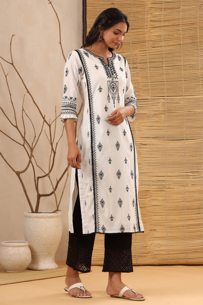 Women`s White Cotton Dobby Embroidered Straight Kurta