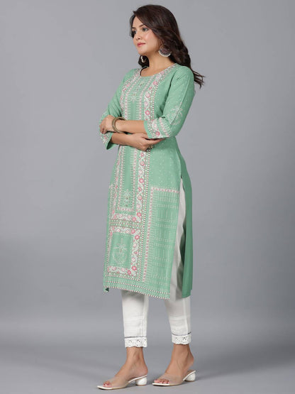 Sage Green Rayon Printed Straight Kurta