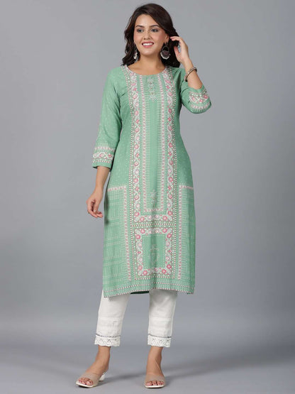 Sage Green Rayon Printed Straight Kurta