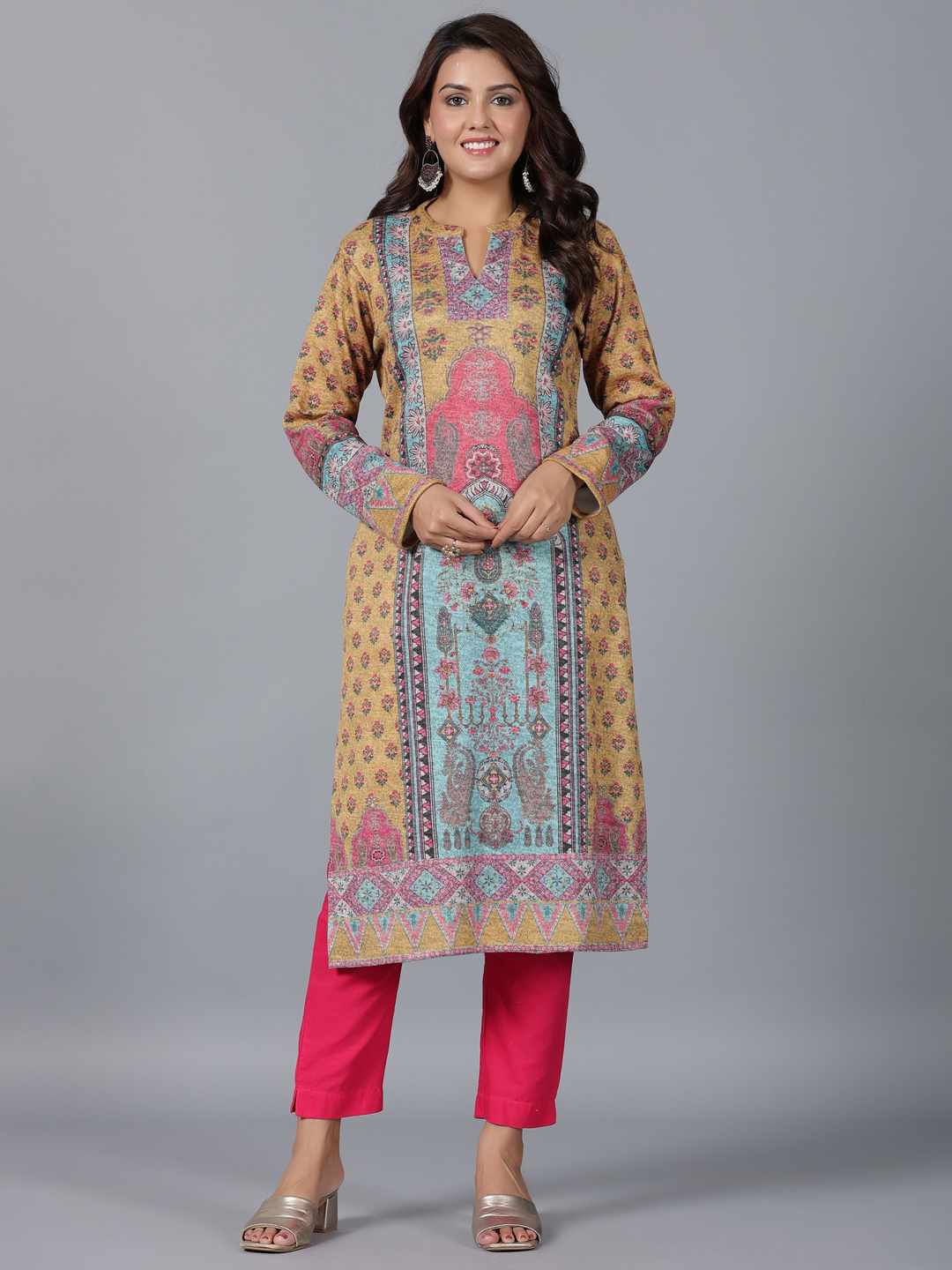 Mustard Printed Woolen Straight Kurta