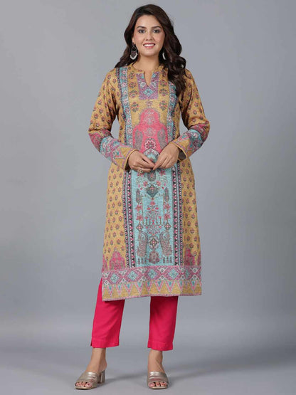 Mustard Printed Woolen Straight Kurta