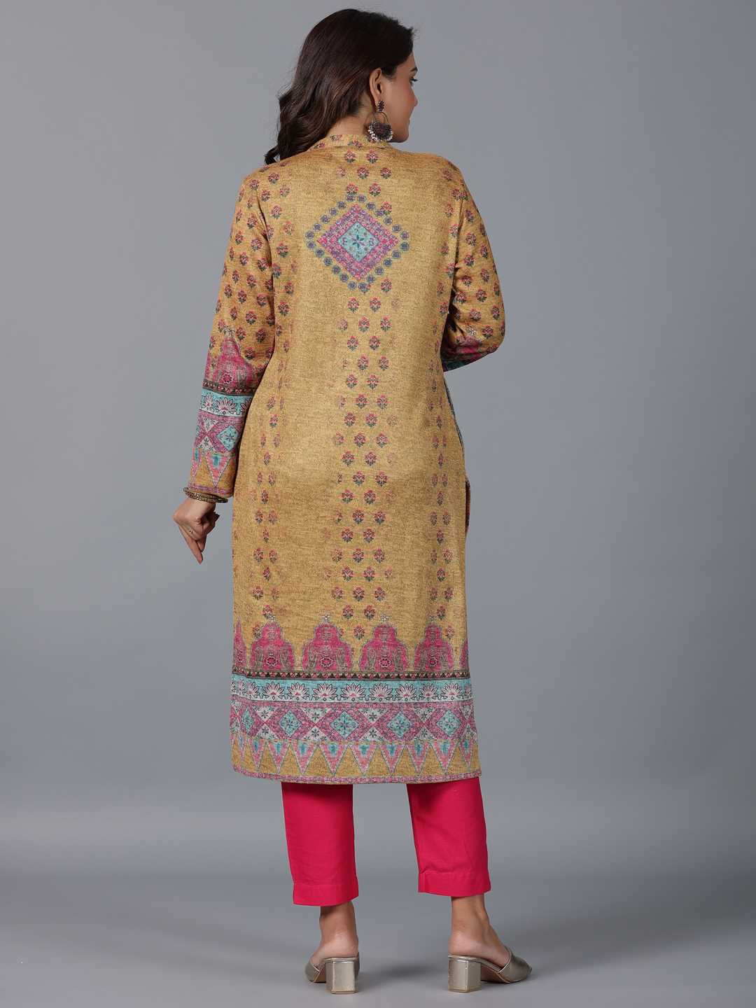 Mustard Printed Woolen Straight Kurta
