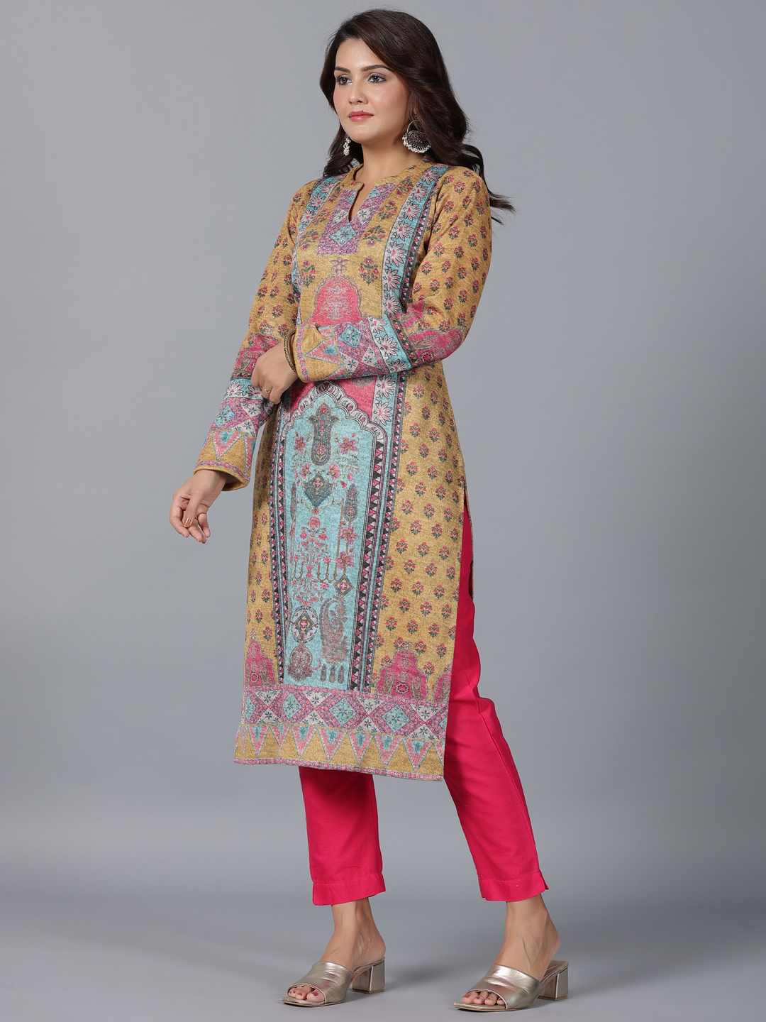 Mustard Printed Woolen Straight Kurta