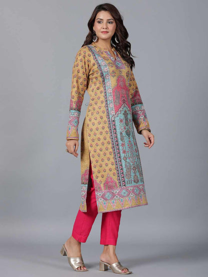 Mustard Printed Woolen Straight Kurta