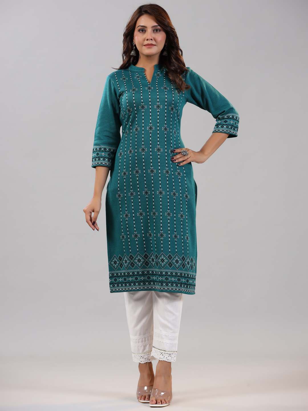 Teal Printed Woolen Straight Kurta