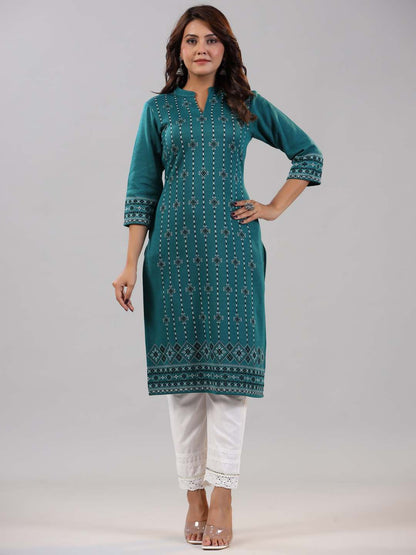 Teal Printed Woolen Straight Kurta