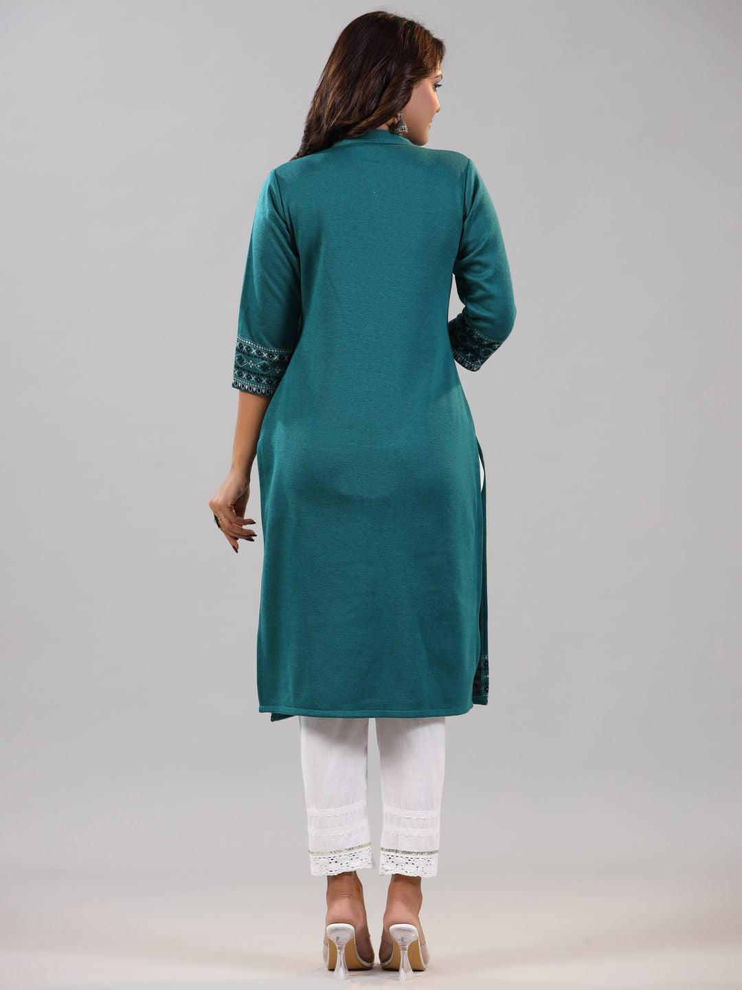 Teal Printed Woolen Straight Kurta