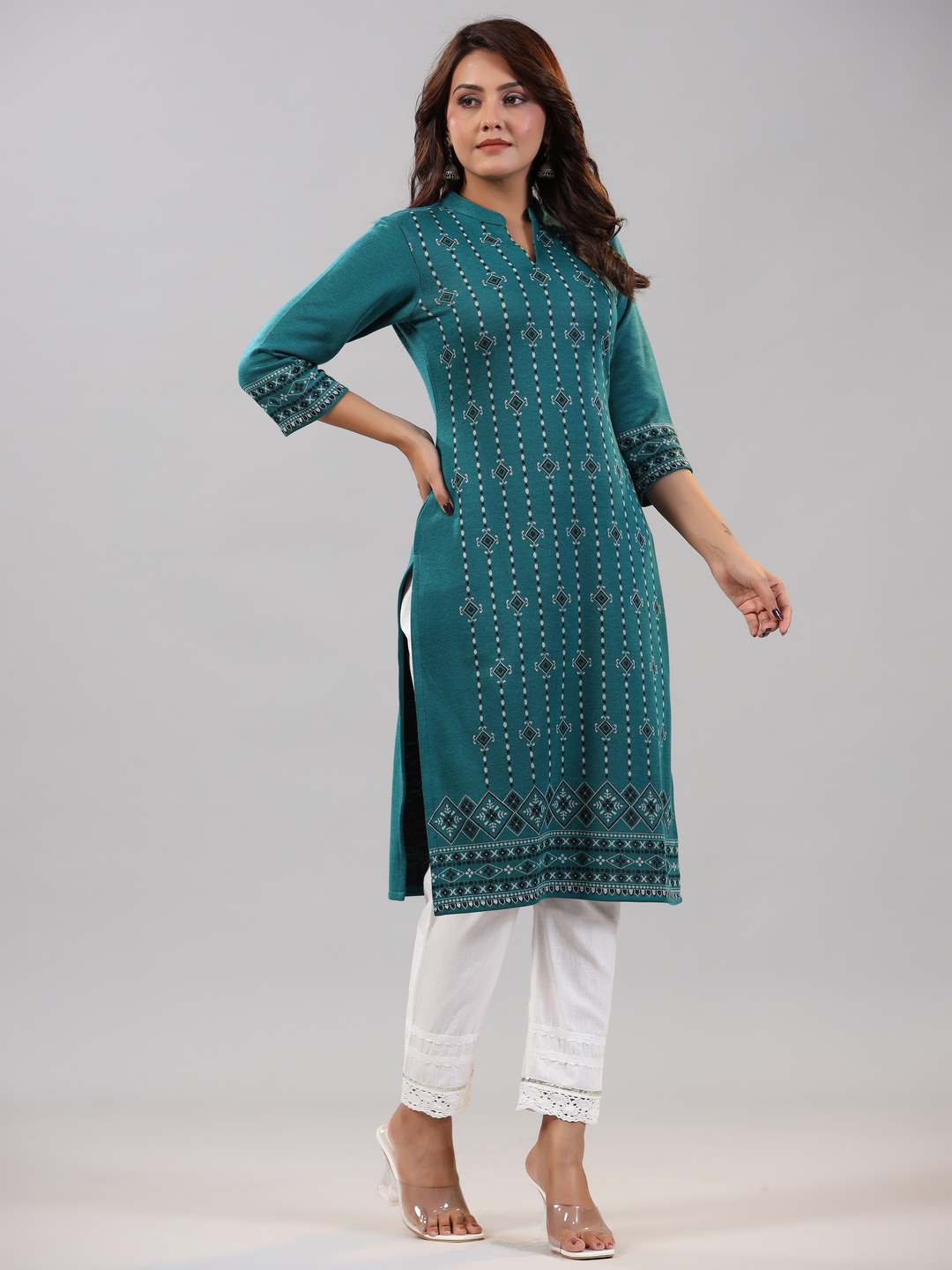 Teal Printed Woolen Straight Kurta