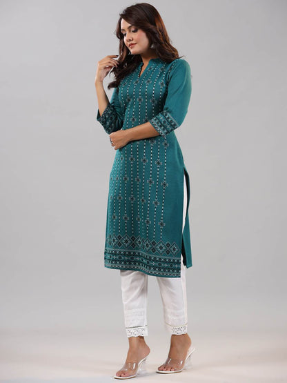 Teal Printed Woolen Straight Kurta