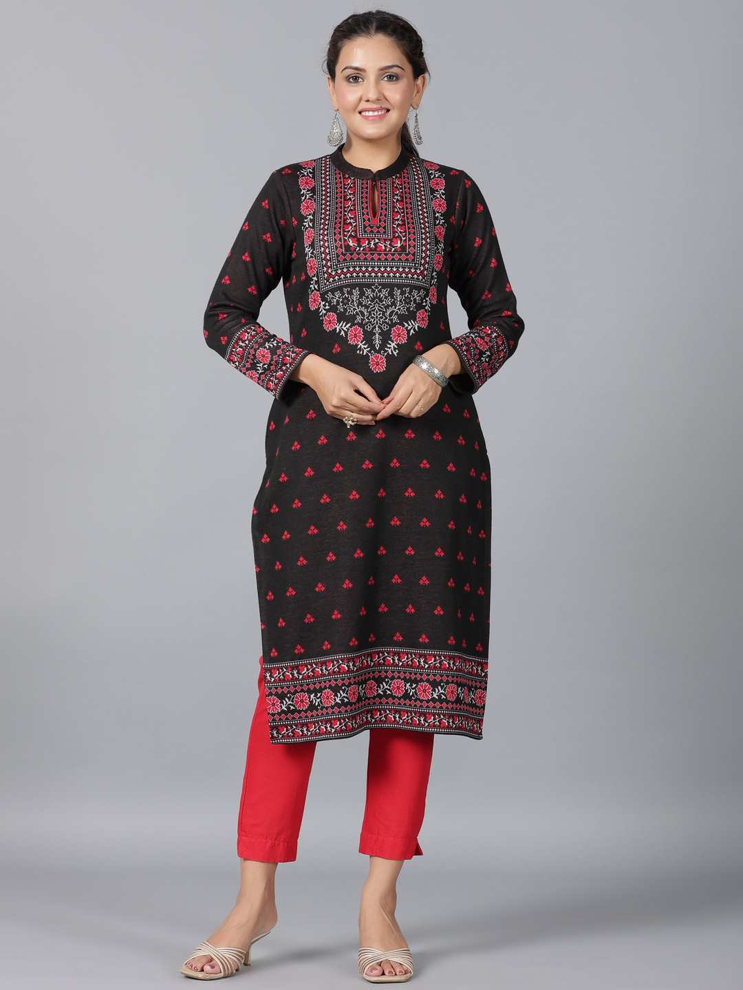 Black Printed Woolen Straight Kurta