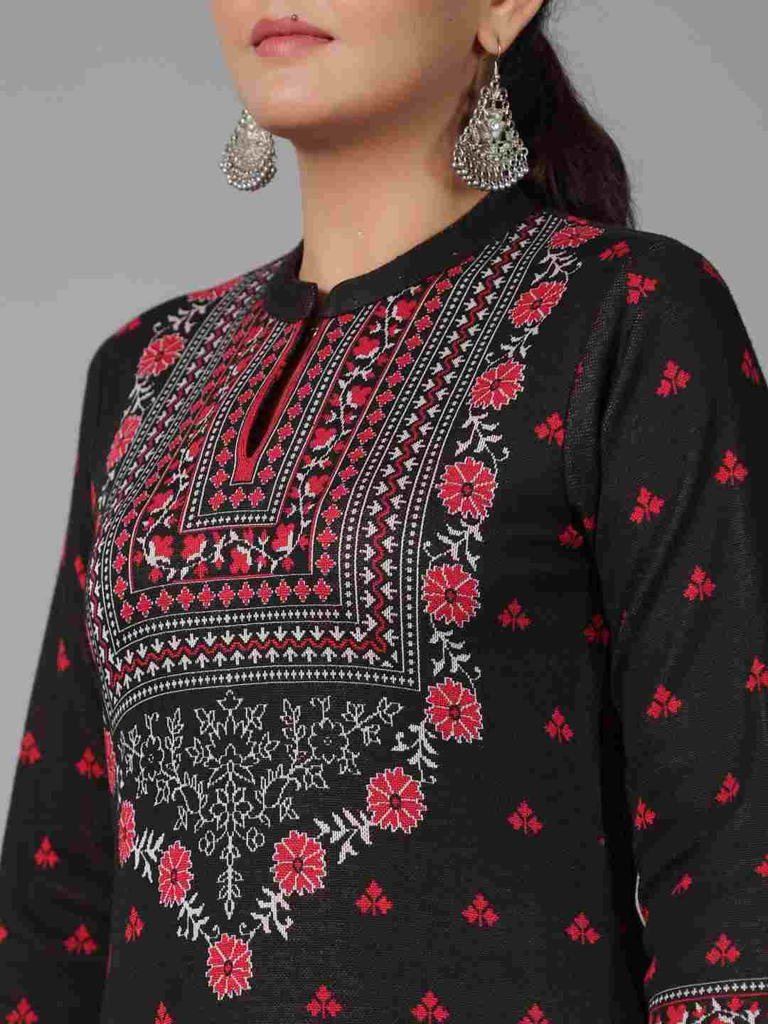 Black Printed Woolen Straight Kurta