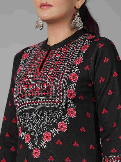 Black Printed Woolen Straight Kurta