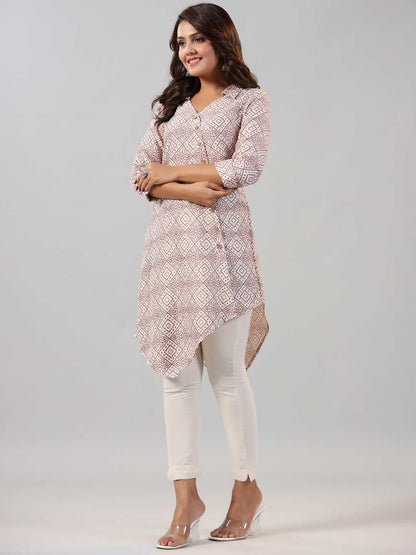 Off-White 2 Tone Printed Asymmetric Kurta