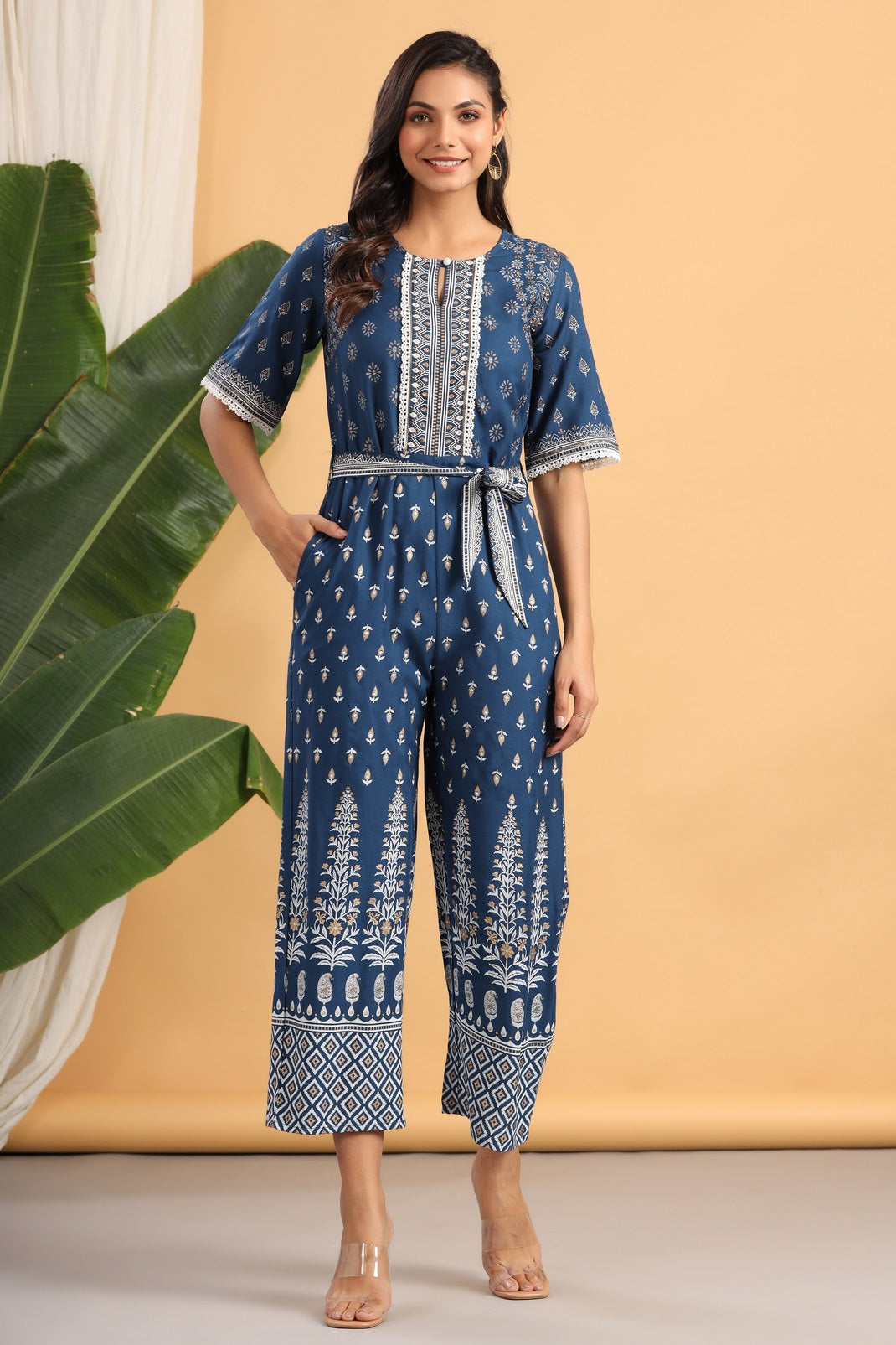 Indigo Rayon Printed Ethnic Jumpsuit with Belt