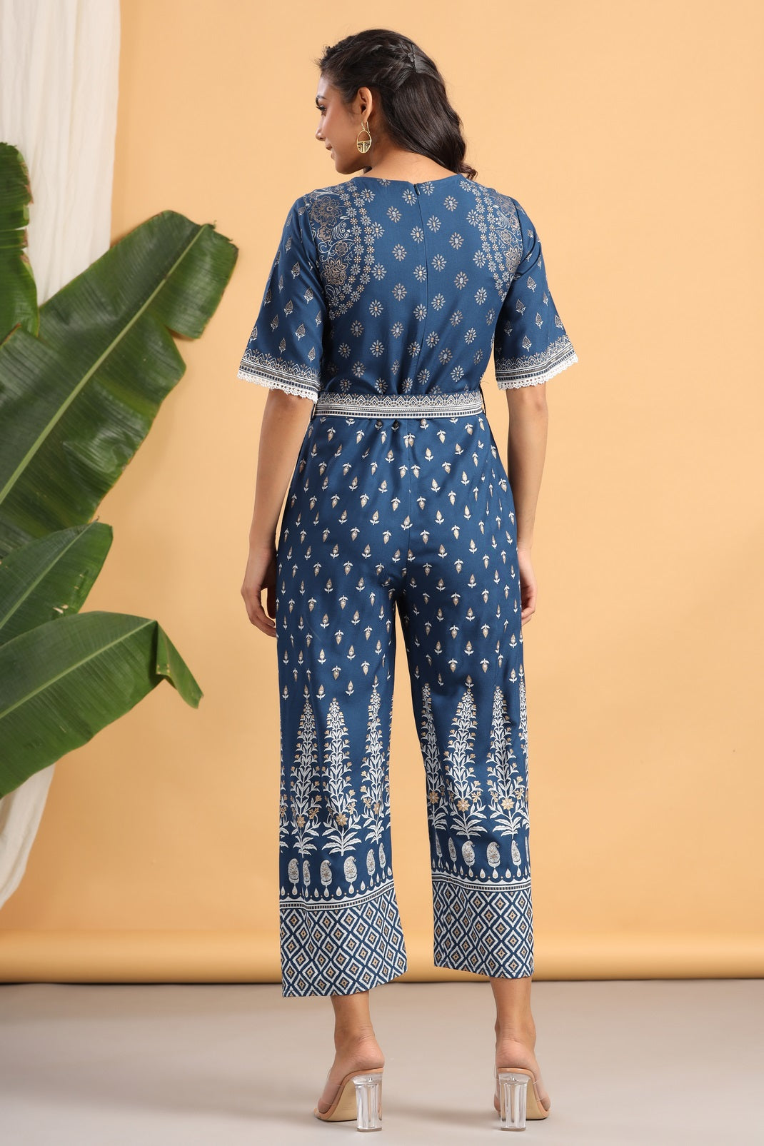 Indigo Rayon Printed Ethnic Jumpsuit with Belt
