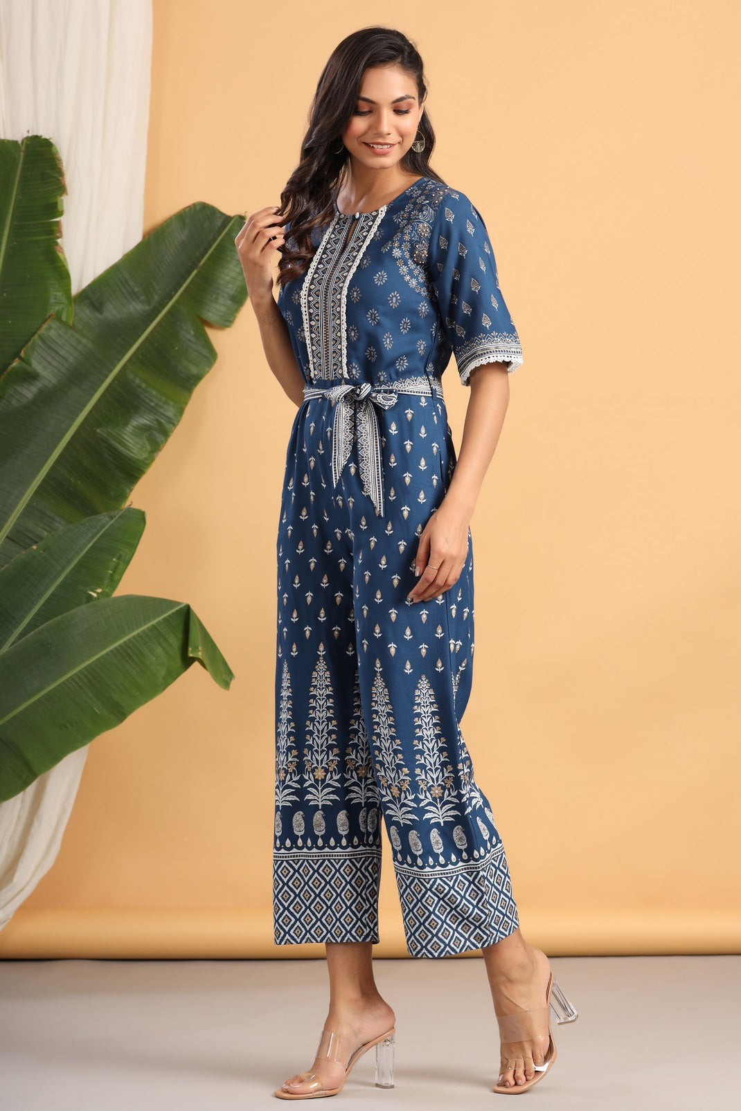 Indigo Rayon Printed Ethnic Jumpsuit with Belt