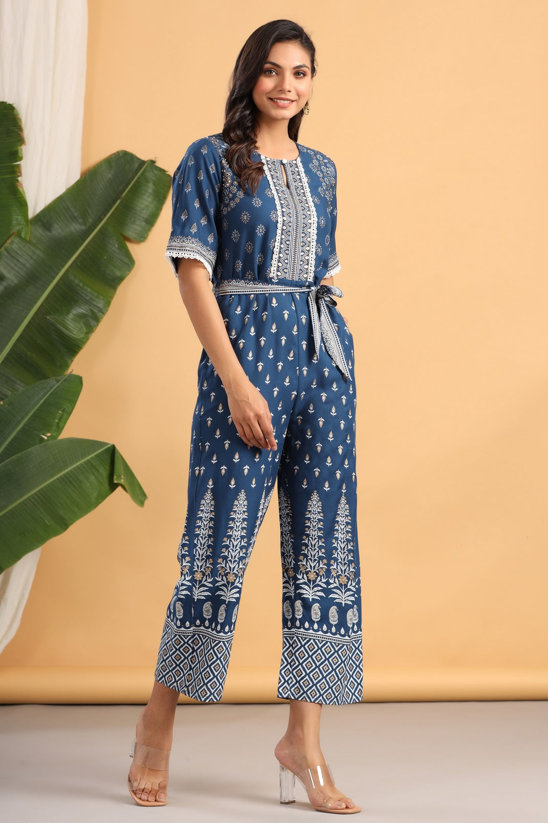 Indigo Rayon Printed Ethnic Jumpsuit with Belt