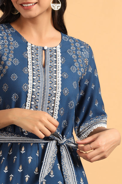 Indigo Rayon Printed Ethnic Jumpsuit with Belt