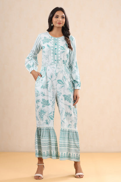 Teal Rayon Printed Ethnic Jumpsuit with Belt