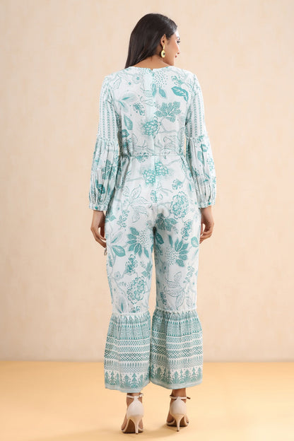 Teal Rayon Printed Ethnic Jumpsuit with Belt