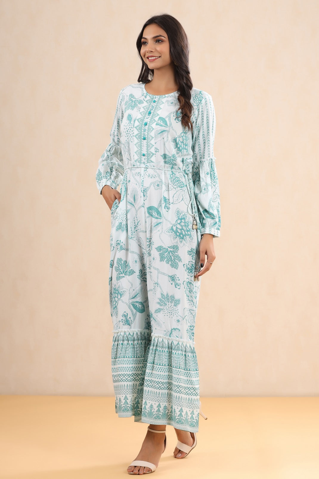 Teal Rayon Printed Ethnic Jumpsuit with Belt