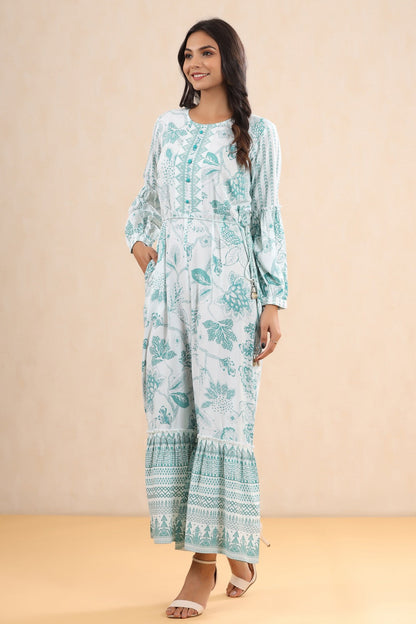 Teal Rayon Printed Ethnic Jumpsuit with Belt