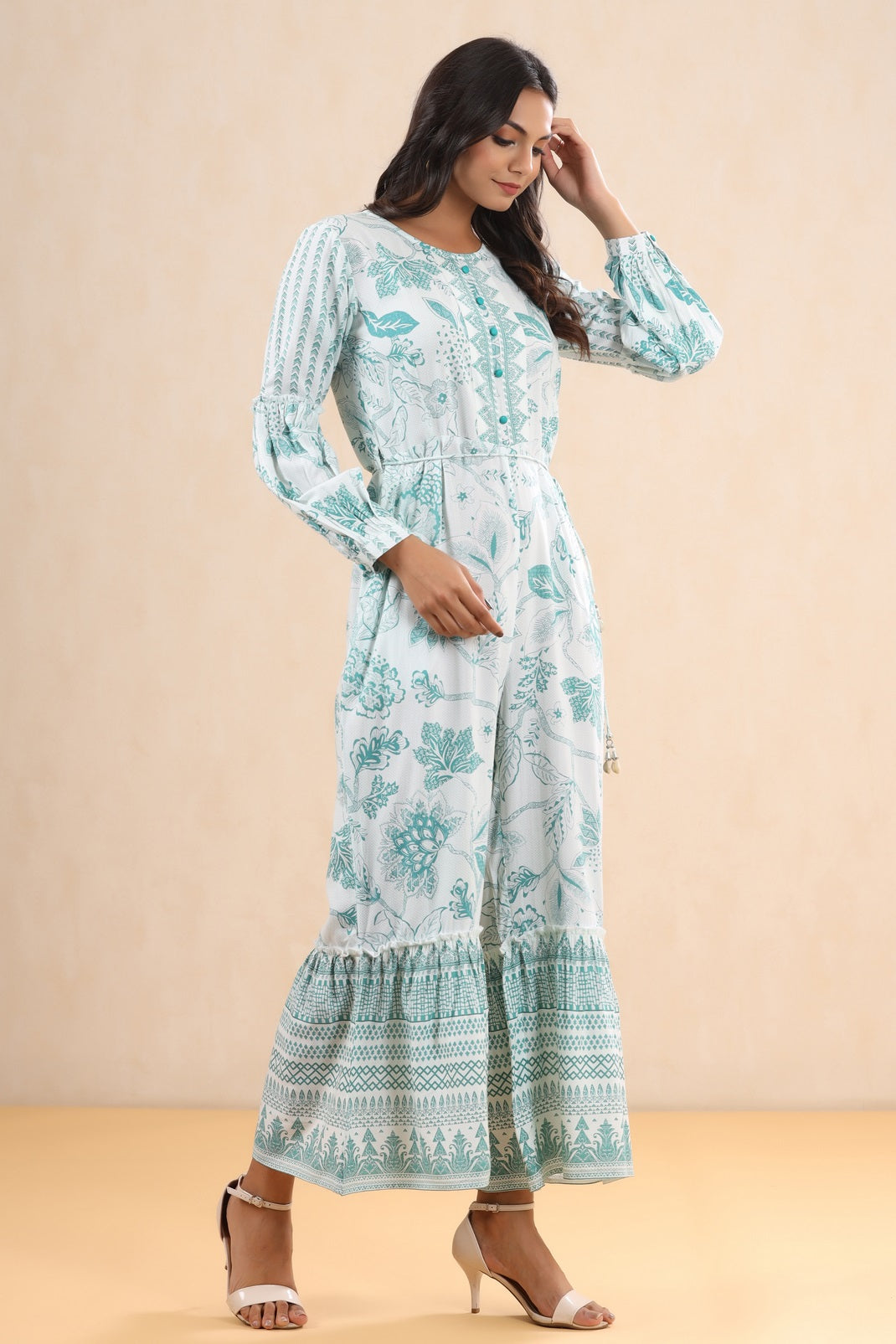 Teal Rayon Printed Ethnic Jumpsuit with Belt