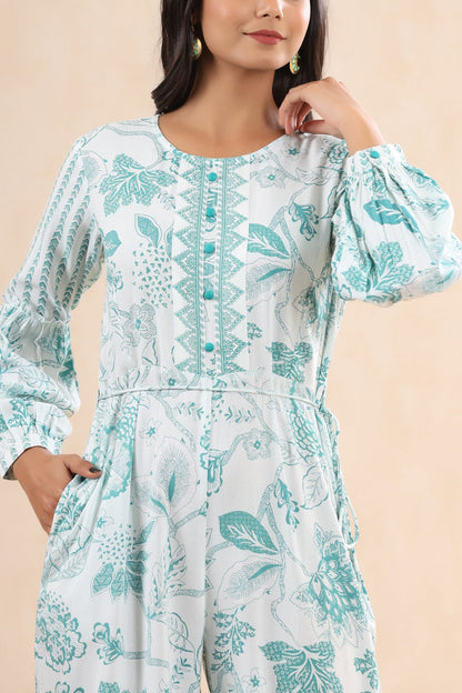 Teal Rayon Printed Ethnic Jumpsuit with Belt