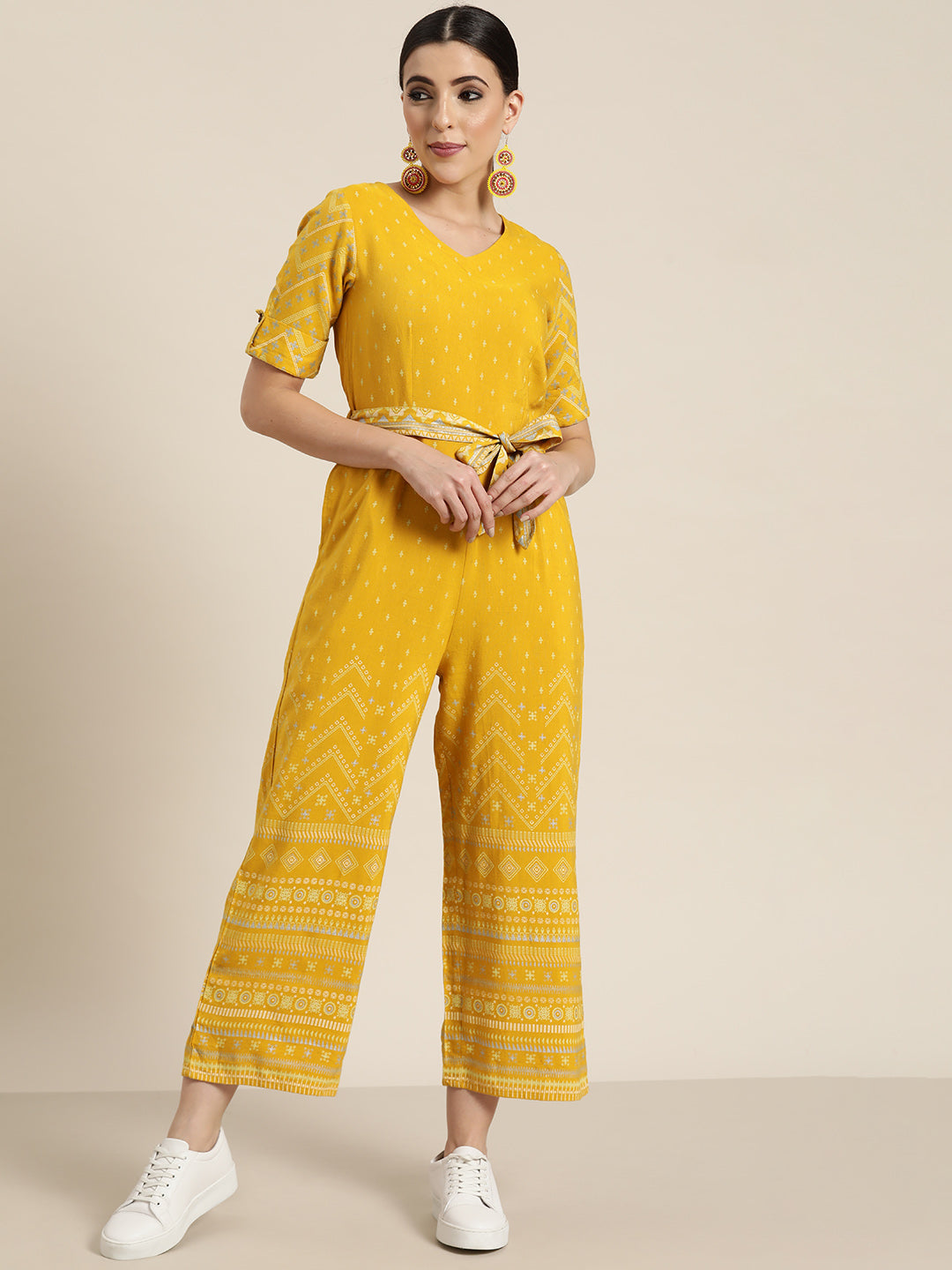 Mustard Rayon Flex Printed Ethnic Jumpsuit with Belt