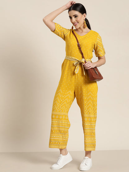 Mustard Rayon Flex Printed Ethnic Jumpsuit with Belt