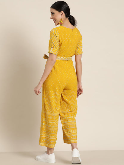 Mustard Rayon Flex Printed Ethnic Jumpsuit with Belt