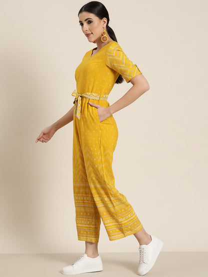Mustard Rayon Flex Printed Ethnic Jumpsuit with Belt