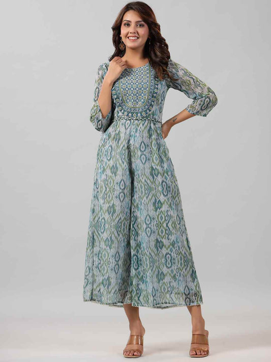 Green Chiffon Printed With Embroidery Jumpsuit