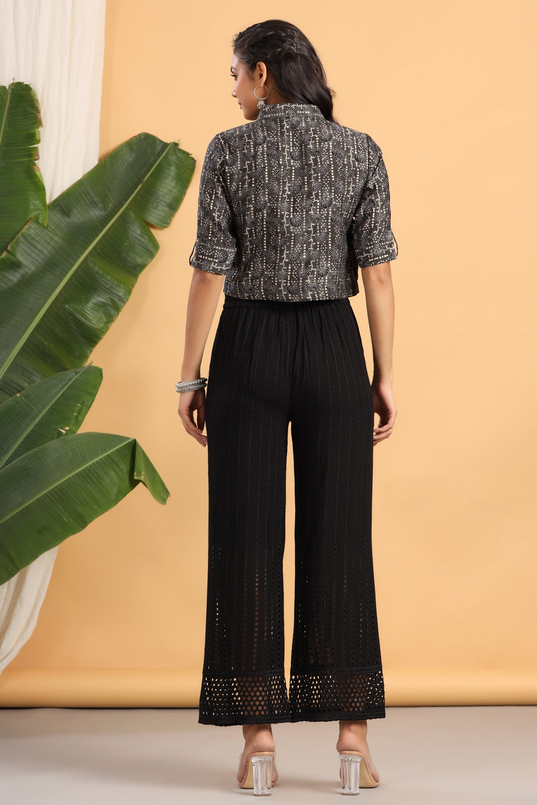 Women`s Grey Chanderi Silk Printed Fitted Blouse
