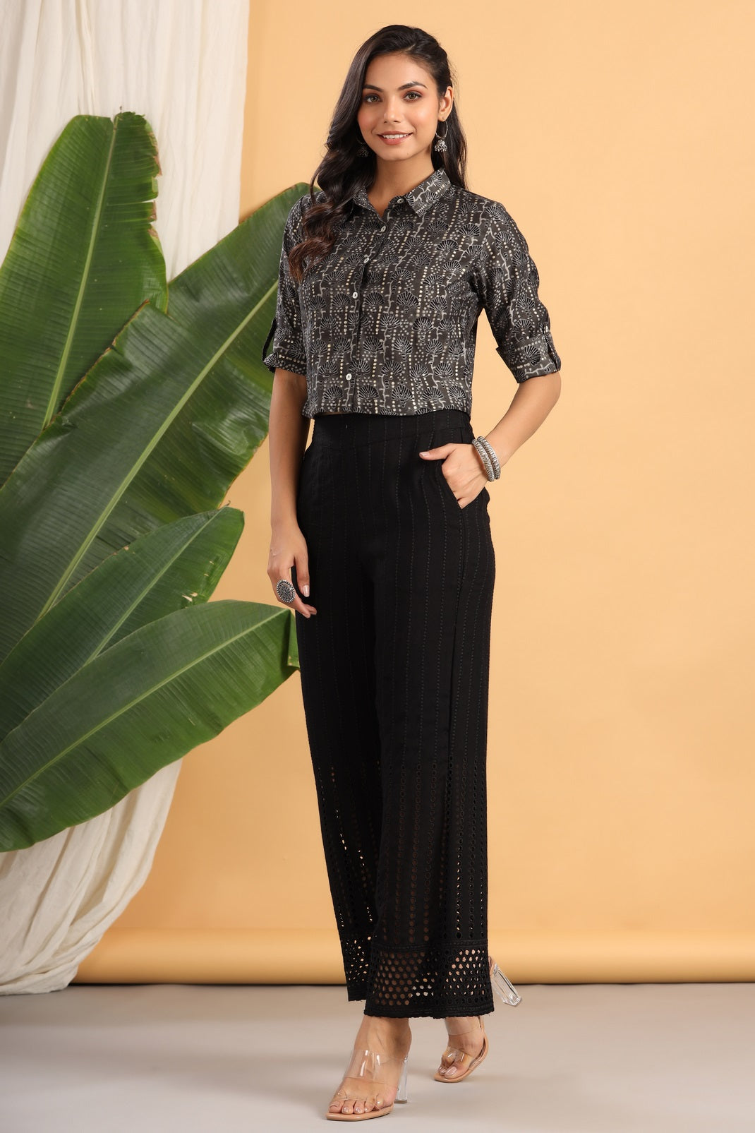 Women`s Grey Chanderi Silk Printed Fitted Blouse