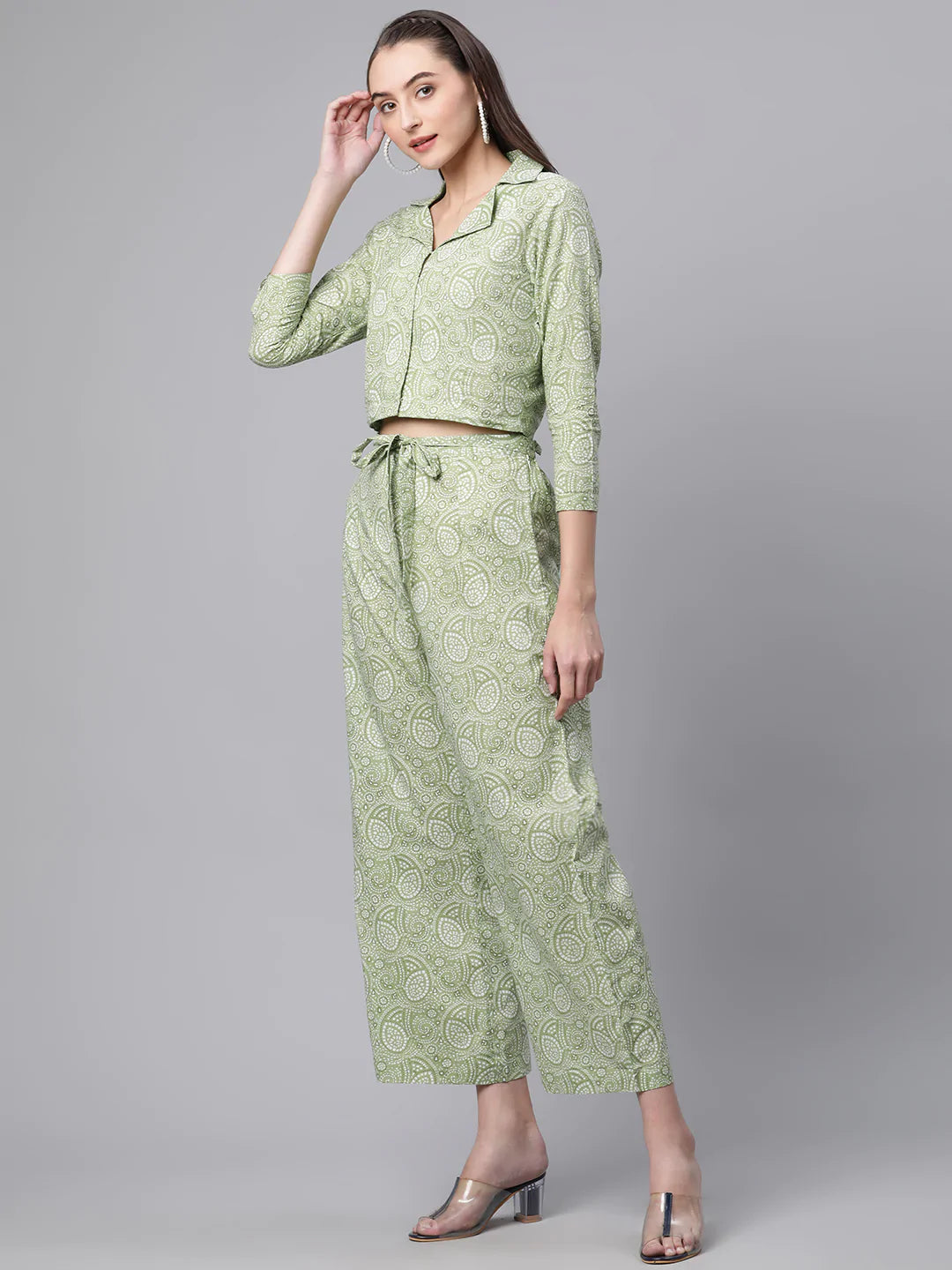 Cotton Buta Print Co-ord Set (Light Green)