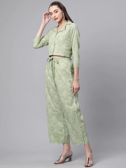 Cotton Buta Print Co-ord Set (Light Green)