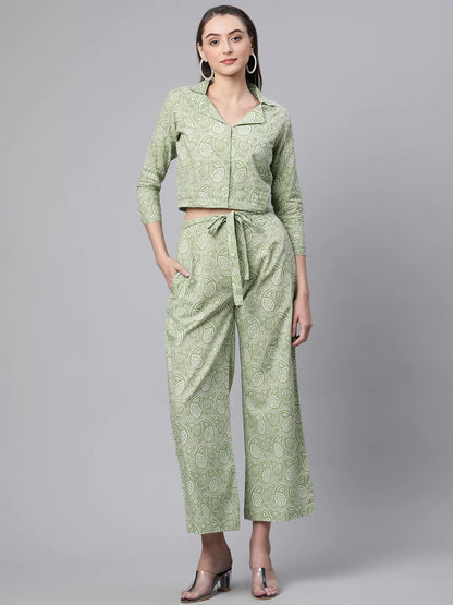 Cotton Buta Print Co-ord Set (Light Green)