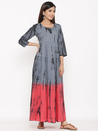 Cotton Tie Die Print Flared Maxi Dress