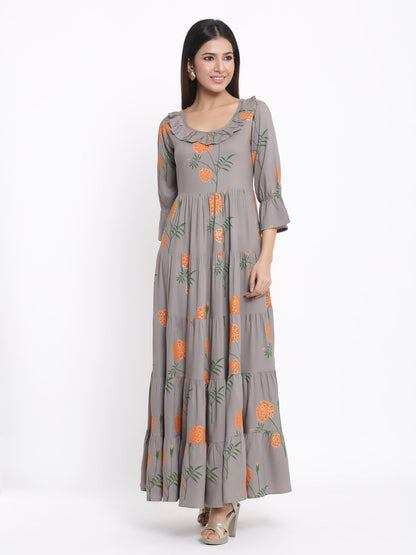 Rayon Floral Print Flared Gown