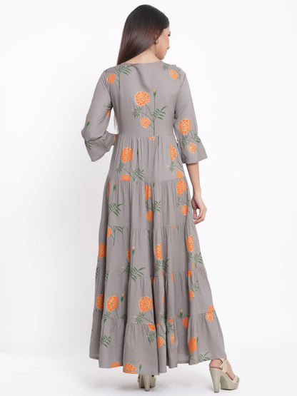 Rayon Floral Print Flared Gown
